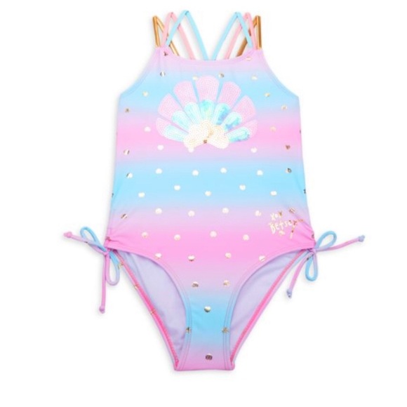 Betsey Johnson Girls 6 Sequins Clam Tie Dye Side Ties One-Piece Swimsuit - GUC! - Picture 1 of 11